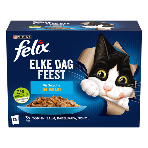 Foto van Felix Kattenvoer elke dag feest vis selectie in gelei op witte achtergrond