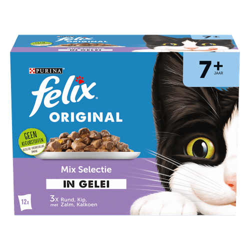 Foto van Felix Pouch senior nat chunks in jelly 12 stuks op witte achtergrond