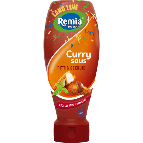 Foto van Remia Curry saus pittig gekruid op witte achtergrond