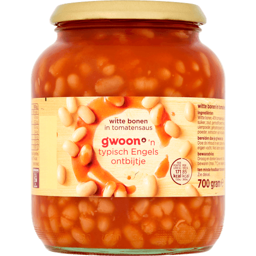 Foto van G'woon Witte bonen in tomatensaus op witte achtergrond