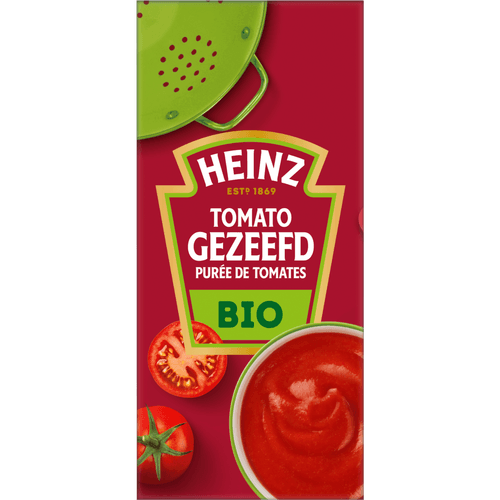Foto van Heinz Tomaten gezeefd op witte achtergrond