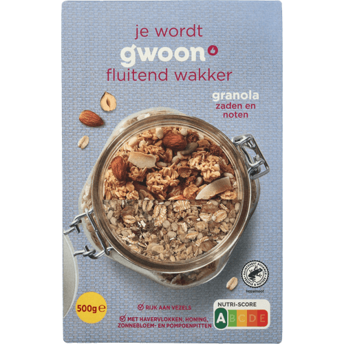 Foto van G'woon Granola zaden en noten op witte achtergrond