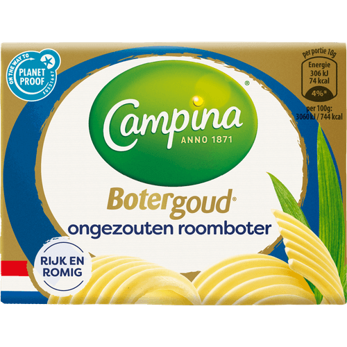 Foto van Campina Botergoud ongezouten op witte achtergrond