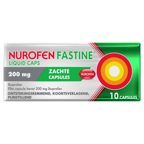 Foto van Nurofen Fastine liquid caps 200 mg op witte achtergrond