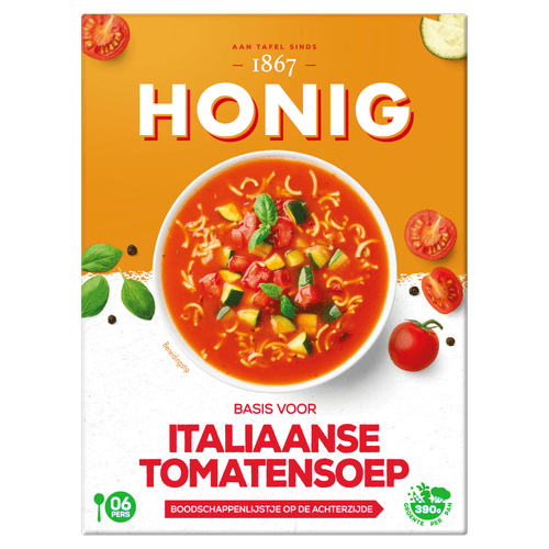 Foto van Honig Tomatensoep italiaans op witte achtergrond