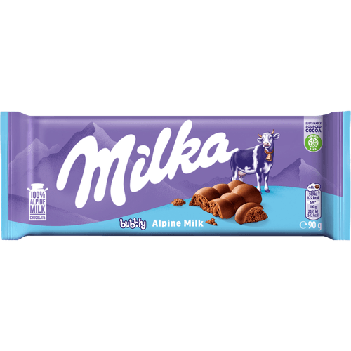 Foto van Milka Chocoladereep bubbly op witte achtergrond