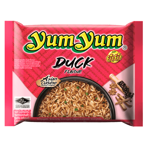 Foto van Yum Yum Noodles duck op witte achtergrond