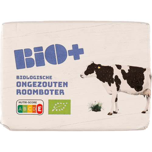 Foto van Bio+ Roomboter ongezouten op witte achtergrond