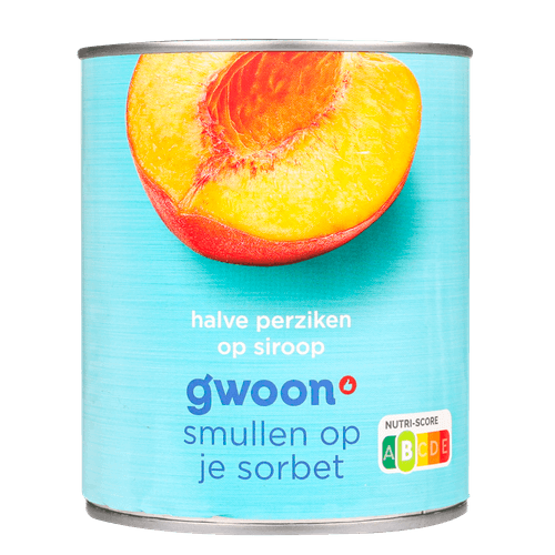 Foto van G'woon Halve perziken op lichte siroop op witte achtergrond