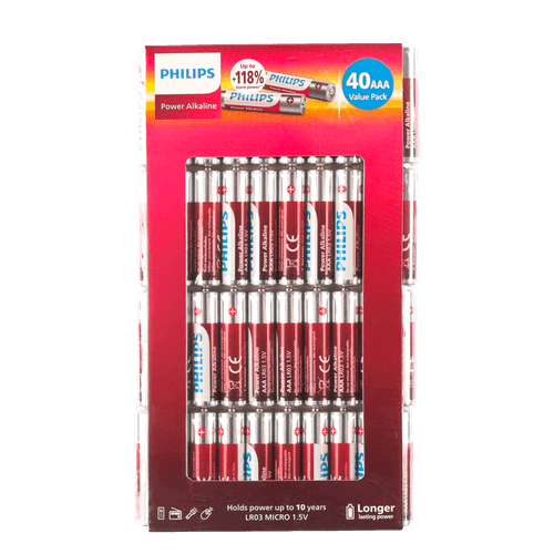 Foto van Philips Power alkaline aaa 40 pack op witte achtergrond