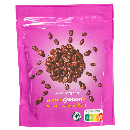 Foto van G'woon Choco rozijnen op witte achtergrond