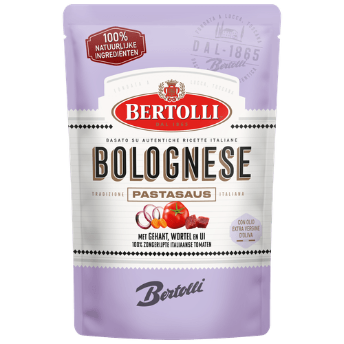 Foto van Bertolli Pastasaus in zak bolognese op witte achtergrond
