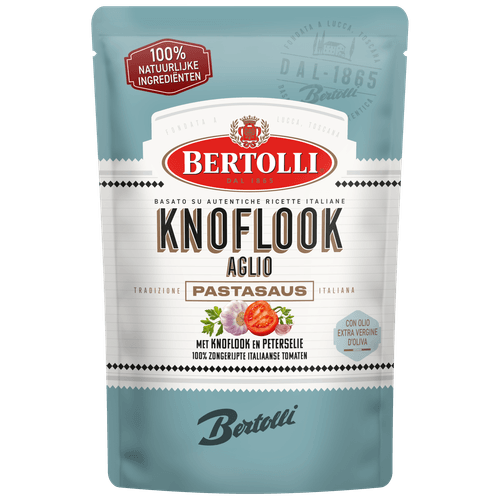 Foto van Bertolli Pastasaus in zak knoflook op witte achtergrond