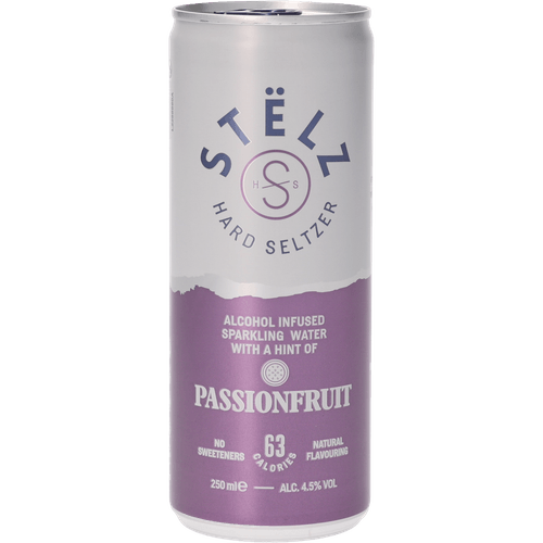 Foto van Stelz Hard seltzer passionfruit op witte achtergrond