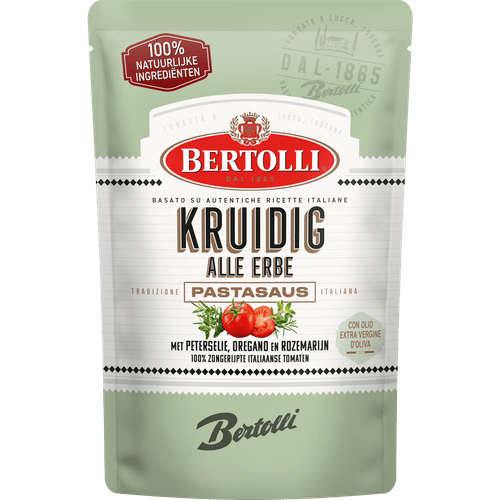 Foto van Bertolli Pastasaus in zak kruidig op witte achtergrond
