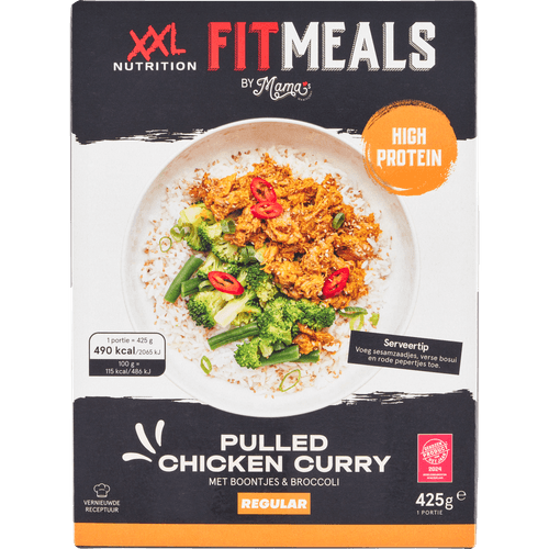Foto van Fitmeals Pulled chicken curry op witte achtergrond