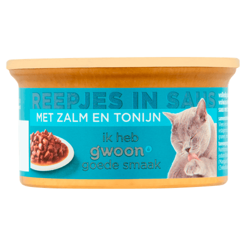 Foto van G'woon Kat premium reepjes zalm & tonijn in saus op witte achtergrond