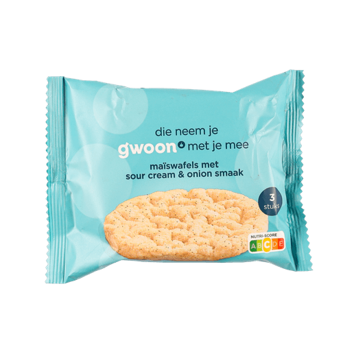 Foto van G'woon Maiswafels sour cream onion 4x1 op witte achtergrond