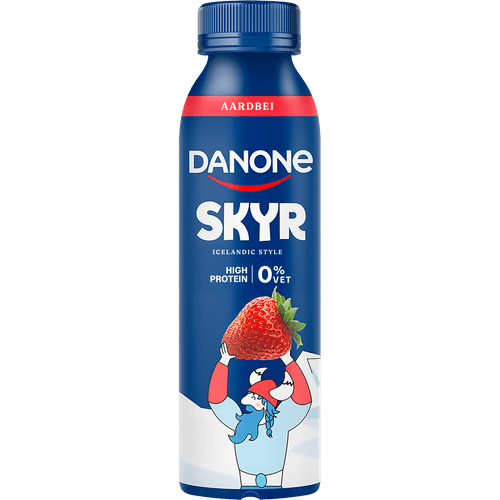 Foto van Danone Skyr drink aardbei op witte achtergrond