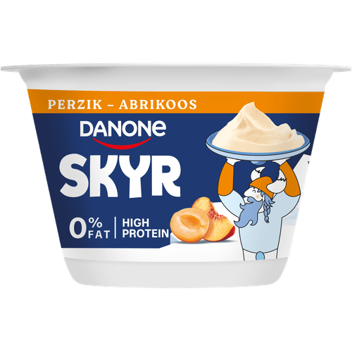 Foto van Danone Skyr perzik-abrikoos op witte achtergrond