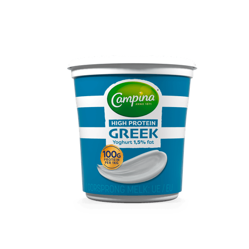 Foto van Campina High protein griekse yoghurt 1.5% vet op witte achtergrond
