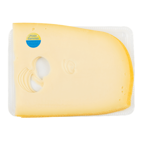 Foto van DekaVers Maasdammer gesneden op witte achtergrond