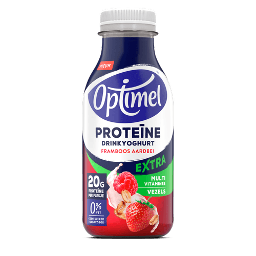 Foto van Optimel Drinkyoghurt protein framboos aardbei op witte achtergrond
