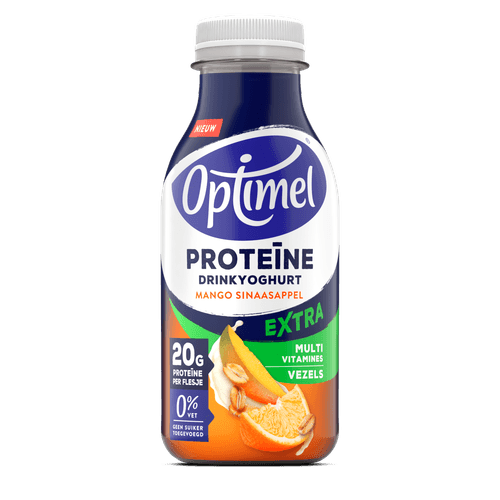 Foto van Optimel Drinkyoghurt protein mango sinaas op witte achtergrond