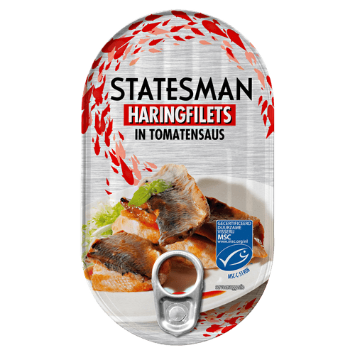 Foto van Statesman Haring in tomatensaus op witte achtergrond