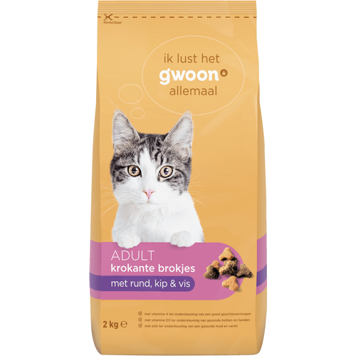 Foto van G'woon Krokantjes adult brokjes met rund-kip-vis op witte achtergrond