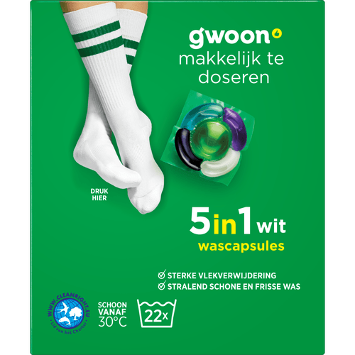 Foto van G'woon Wascapsules 5-in-1 wit op witte achtergrond
