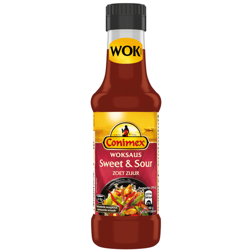 Foto van Conimex Woksaus sweet & sour op witte achtergrond