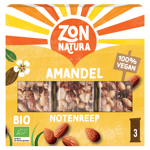 Foto van Zonnatura Biologische notenmix reep amandel 3 stuks op witte achtergrond