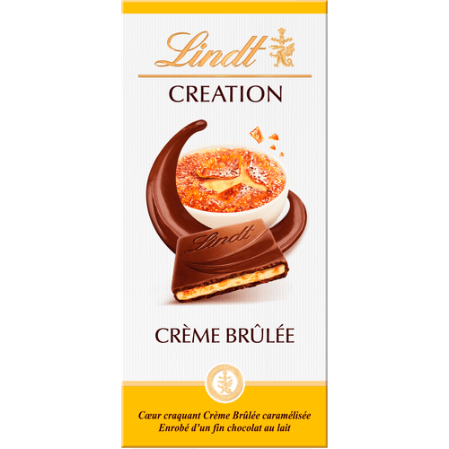 Foto van Lindt Chocoladereep creation creme brulee op witte achtergrond