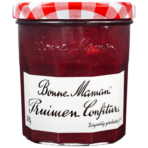 Foto van Bonne Maman Confiture pruimen op witte achtergrond