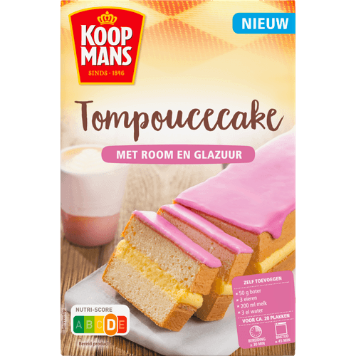 Foto van Koopmans Tompoucecake mix op witte achtergrond
