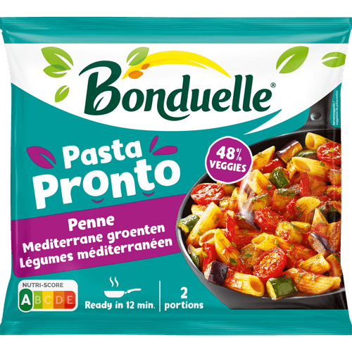 Foto van Bonduelle Pasta penne mediterrane groente op witte achtergrond