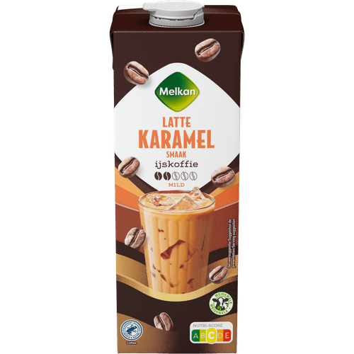 Foto van Melkan Ijskoffie latte karamel op witte achtergrond