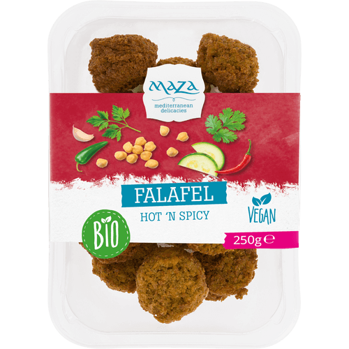 Foto van Maza Falafel hot en spicy op witte achtergrond