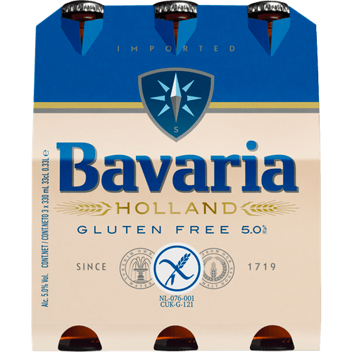 Foto van Bavaria Bier 3 st. glutenvrij op witte achtergrond