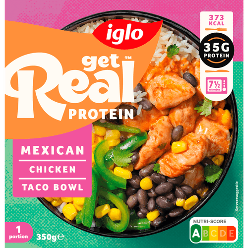 Foto van Iglo get Real protein Mexican chicken taco bowl op witte achtergrond