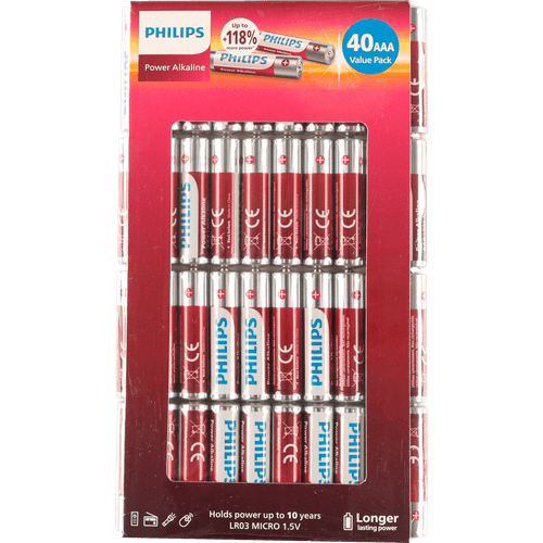 Foto van Philips Power alkaline aaa 40 pack op witte achtergrond
