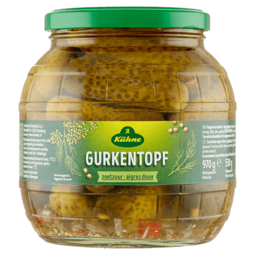 Foto van Kühne Gurkentopf zoetzuur op witte achtergrond