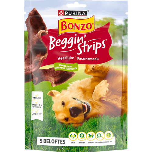 Foto van Bonzo Hondensnacks beggin strips op witte achtergrond