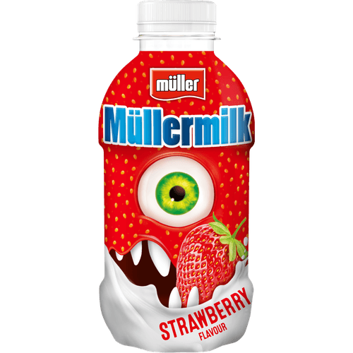 Foto van Müller Müllermilk aardbei op witte achtergrond