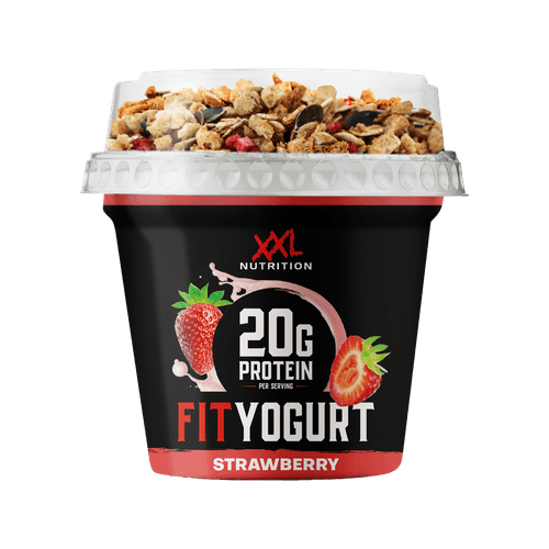 Foto van XXL Fit Yoghurt granola aardbei op witte achtergrond