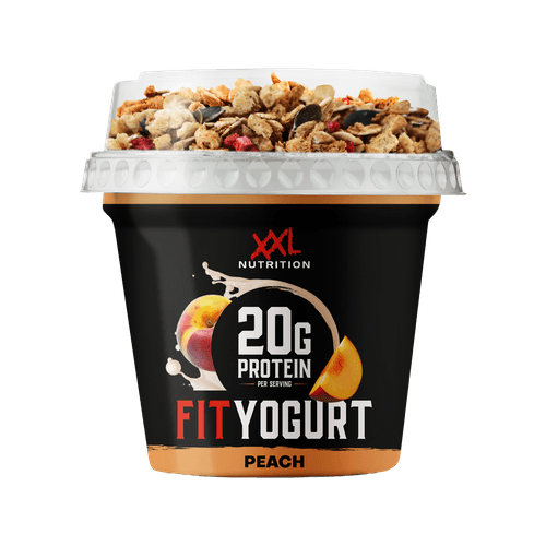 Foto van XXL Fit High protein yoghurt to go perzik op witte achtergrond