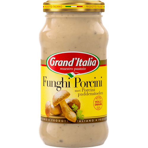 Foto van Grand'Italia Pastasaus funghi porcini op witte achtergrond