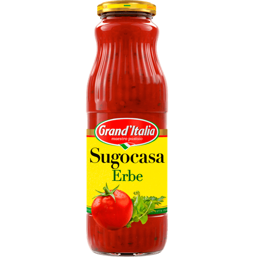 Foto van Grand'Italia Sugocasa erbe tomaat met kruiden op witte achtergrond