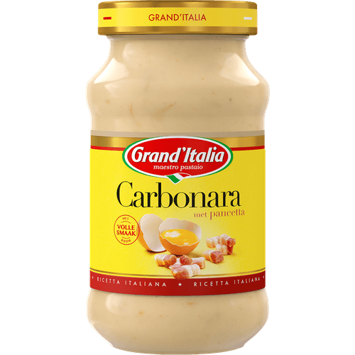 Foto van Grand'Italia Pastasaus carbonara op witte achtergrond